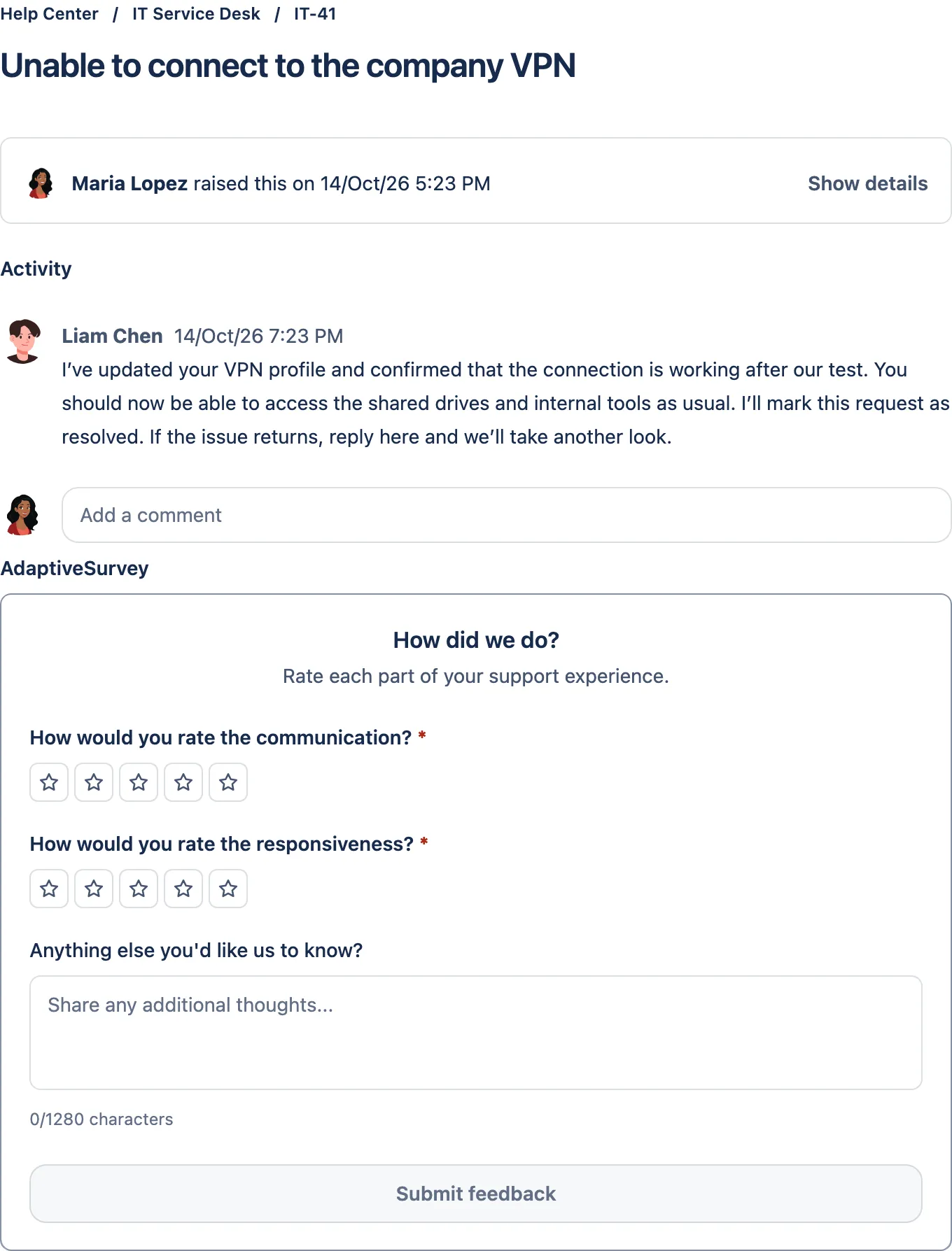 AdaptiveSurvey question-ratings form in a Jira Service Management portal request with star ratings for communication and responsiveness